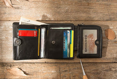 Black Leather Mens Small Wallets Trifold Vintage billfold Wallet for Men - iwalletsmen