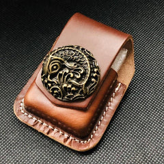 Black Handmade Leather Mens Indian Skull Zippo Lighter Holders Lighter Case For Men - iwalletsmen