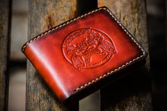 Handmade Leather Chinese Lion Tooled Mens billfold Wallet Cool Leather Wallet Slim Wallet for Men