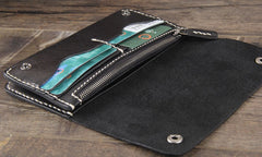 Handmade Genuine Leather Mens Cool Long Leather Wallet Bifold Clutch Wallet for Men