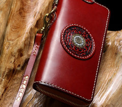 Handmade Leather Mens Chain Biker Wallet Tibetan Cool Leather Wallet Long Phone Wallets for Men