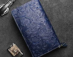 Handmade Leather Floral Tooled Mens Clutch Cool Slim Wallet Zipper Clutch Wristlet Wallet for Men