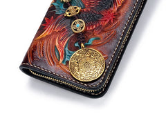 Handmade Leather Carp Mens Chain Zipper Biker Wallet Cool Leather Wallet Long Phone Wallets for Men