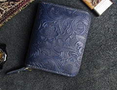 Handmade Leather Floral Mens Zipper Cool billfold Wallet Card Holder Small Card Slim Wallets for Men