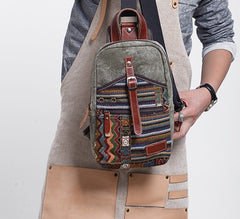 Folk Canvas Mens Sling Bag Vintage Chest Bag One Shoulder Pack for men - iwalletsmen