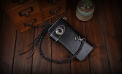 Handmade Leather Mens Cool Black Obsidian Chain Wallet Biker Trucker Wallet with Chain