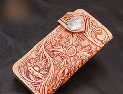 Handmade Mens Cool Tooled Floral Leather Chain Wallet Biker Trucker Wallet with Chain - iwalletsmen