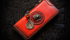 Handmade Leather Mahākāla Mens Chain Biker Wallet Cool Leather Wallet Long Clutch Wallets for Men