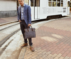 Mens Gray Canvas Leather Briefcase Handbag Work Bag Business Bag for Men - iwalletsmen