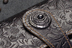 Handmade Leather Floral Mens Cool Travel Long Wallet Card Holder Card Slim Clutch Wallets for Men