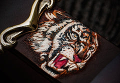 Handmade Genuine Leather Mens Tooled Tiger Belt Custom Cool Leather Men Black Belt for Men