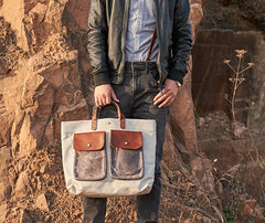 Mens Leather Canvas Large Handbag Canvas Tote Bag Canvas Briefcase for Men - iwalletsmen
