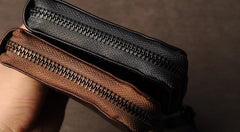 Genuine Leather Mens Cool Long Leather Wallet Cards Phone Zipper Clutch Wristlet Wallet for Men