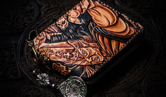 Handmade Leather Chinese Black&White Tooled Mens billfold Wallet Cool Leather Wallet Slim Wallet for Men