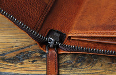 Genuine Leather Mens Cool Long Leather Wallet Biker Wallet Zipper Clutch Wristlet Wallet for Men