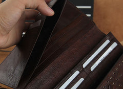 Genuine Leather Mens Cool Long Leather Wallet Zipper Clutch Wristlet Wallet for Men