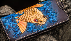 Handmade Leather Men Tooled Carp Cool Leather Wallet Long Phone Wallets for Men