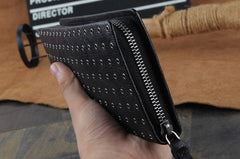 Genuine Leather Mens Cool Long Leather Wallet Zipper Clutch Wristlet Wallet for Men