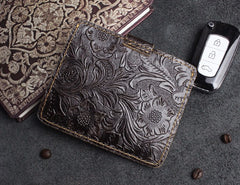 Handmade Leather Floral Mens Cool Front Pocket Wallet billfold Wallet Card Holder Small Card Slim Wallets for Men