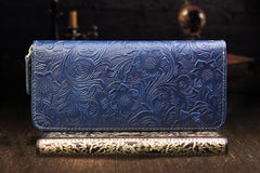 Handmade Leather Floral Mens Cool Travel Long Wallet Card Holder Card Slim Clutch Wallets for Men