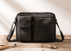 Black Cool Small Leather Mens Messenger Bags Shoulder Bags for Men - iwalletsmen