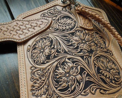 Handmade Leather Biker Wallet Tooled Floral Mens Cool Chain Wallet Trucker Wallet with Chain