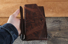 Genuine Leather Mens Cool Biker Chain Wallet Long Leather Wallet Slim Clutch Wristlet Wallet for Men