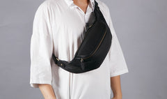 Black Mens Leather Fanny Packs Mens Waist Bag Black Hip Pack Belt Bag Chest Bag for Men - iwalletsmen