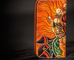 Handmade Leather Tooled Mahākāla Mens Zipper Wallet Cool Leather Wristlet Wallet for Men