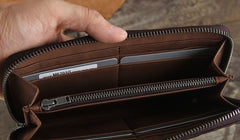 Genuine Leather Mens Cool Long Leather Wallet Zipper Clutch Wristlet Wallet for Men