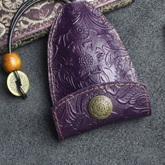 Handmade Leather Floral Mens Cool Car Key Wallet Coin Wallet Pouch Car KeyChain for Men