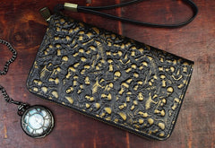 Handmade Leather Mens Tooled Skull Death Cool Zipper Phone Travel Long Wallet Card Holder Card Slim Clutch Wallets for Men