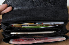 Handmade Leather Mens Clutch Cool Slim Wallet Zipper Clutch Wristlet Wallet for Men