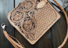 Handmade Leather Biker Wallet Tooled Floral Mens Cool Chain Wallet Trucker Wallet with Chain