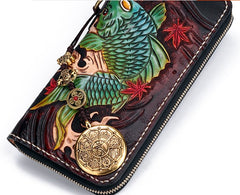 Handmade Leather Carp Mens Chain Biker Wallet Cool Leather Wallet Long Phone Wallets for Men