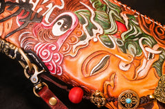 Handmade Leather Tooled Buddha Mens Chain Biker Wallet Cool Leather Wallet Long Phone Wallets for Men