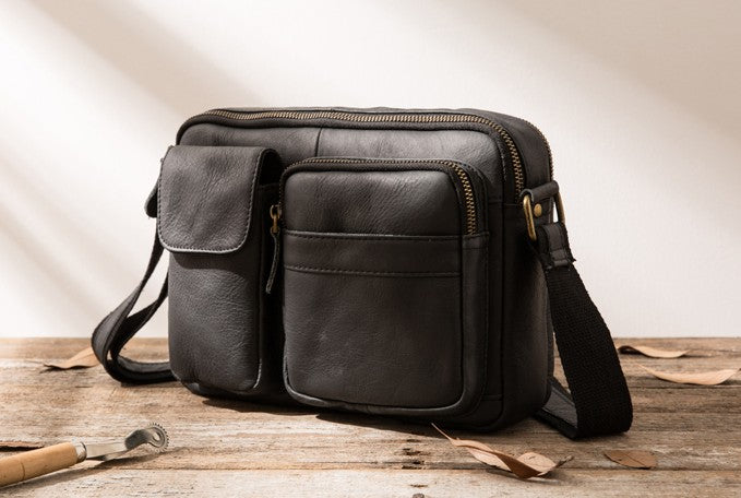Black Cool Small Leather Mens Messenger Bags Shoulder Bags for Men ...