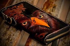 Handmade Leather Mens Tooled Eagle Chain Biker Wallet Cool Leather Wallet Long Clutch Wallets for Men