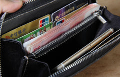 Handmade Genuine Leather Mens Cool Tooled Long Leather Wallet Bifold Clutch Wallet for Men