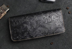 Handmade Leather Floral Mens Cool Travel Long Wallet Card Holder Card Slim Clutch Wallets for Men