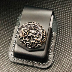 Brown Handmade Leather Mens Chinese Lion Zippo Lighter Holders Lighter Case For Men - iwalletsmen