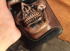 [On Sale]Handmade Genuine Leather Mens Clutch Cool Long Wallet Skull Zipper Clutch Wristlet Wallet for Men