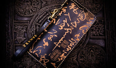 Handmade Leather Mens Chain Chinese Handwriting Biker Wallet Cool Leather Wallet Long Phone Wallets for Men