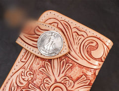 Handmade Mens Cool Tooled Floral Leather Chain Wallet Biker Trucker Wallet with Chain - iwalletsmen