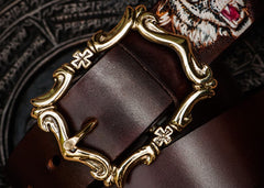 Handmade Genuine Leather Mens Tooled Tiger Belt Custom Cool Leather Men Black Belt for Men
