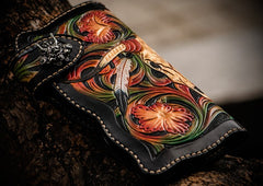Handmade Leather Black Mens Tooled Skull Chain Biker Wallet Cool Leather Wallet Long Clutch Wallets for Men