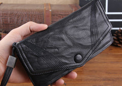 Genuine Leather Mens Cool Biker Chain Wallet Long Leather Wallet Slim Clutch Wristlet Wallet for Men