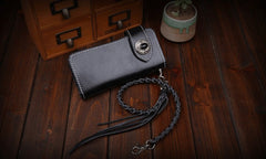 Handmade Leather Mens Cool Black Obsidian Chain Wallet Biker Trucker Wallet with Chain