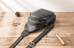 Leather Mens Black Sling Bag Sling Shoulder Bag Sling Backpack for men - iwalletsmen