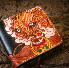 Handmade Leather Chinese Lion Tooled Mens billfold Wallet Cool Leather Wallet Slim Wallet for Men